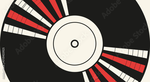 Modern geometric illustration featuring a central circle with alternating red and white radial patterns on a black background.