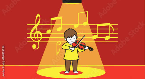 A young child plays the violin on a stage under a spotlight, surrounded by musical notes.
