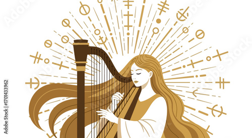 A woman with flowing hair plays a golden harp, surrounded by radiant symbols.