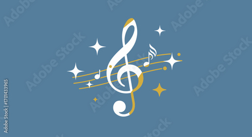 Elegant musical composition featuring a treble clef, notes, and sparkling stars against a serene blue backdrop.