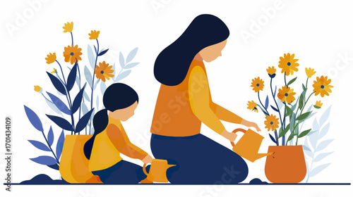 Mother and child planting flowers