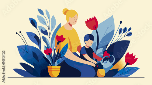 Mother and child gardening illustration