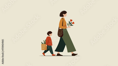 Mother and child walking with groceries and flowers