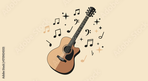 Acoustic guitar surrounded by musical notes, a simple illustration.