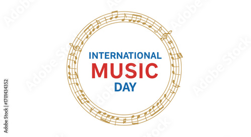 Gold musical notes form a circle around the words "International Music Day" in a celebratory design.