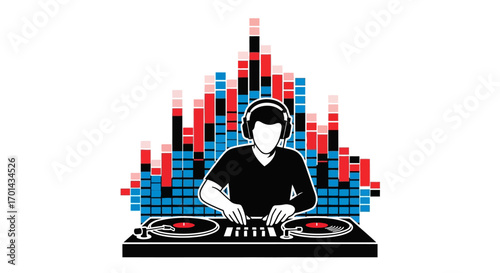 Silhouette of a DJ mixing music,  headphones on,  audio equalizer background.