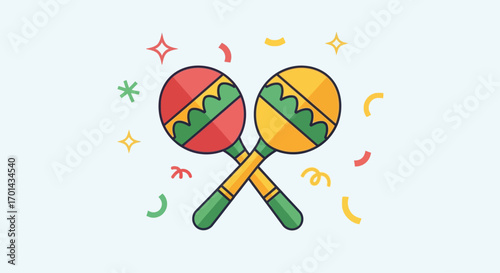Pair of vibrant maracas, crossed, festive confetti background.