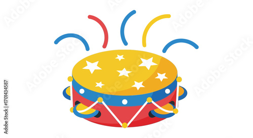 Festive red and yellow tambourine with stars, colorful streamers, celebratory design.