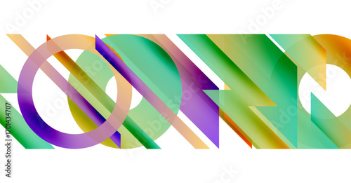 Abstract geometric composition. Colorful shapes overlap, creating dynamic visual effect. Gradients suggest light, movement.