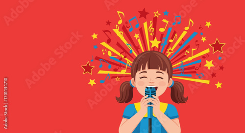 A joyful cartoon girl sings into a microphone with an explosion of colorful musical notes and stars.