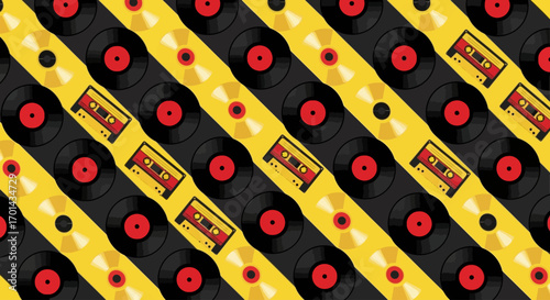 A vibrant, repeating diagonal pattern of retro music formats including vinyl records, cassette tapes, and compact discs.