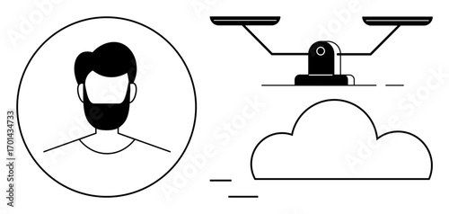Minimalist head profile in a circle next to a balance scale and cloud. Ideal for concepts thumbs up identity, fairness, technology, equality, judgement, collaboration, balance. Simple flat metaphor