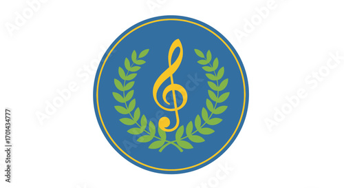 A golden treble clef music symbol framed by a green laurel wreath, set within a blue circular emblem.