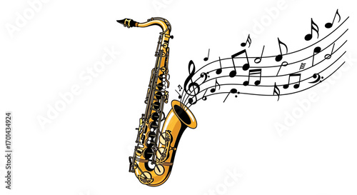 A golden saxophone emitting musical notes that flow upwards in a swirling staff, representing the sound of music.