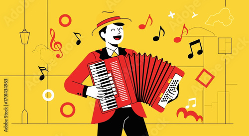 A cheerful man in a hat plays a vibrant red accordion, with musical notes and abstract shapes floating around him in a stylized, yellow-toned illustration.