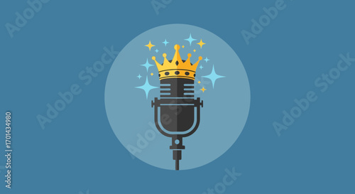 A flat design illustration of a vintage microphone crowned with gold and surrounded by sparkles, symbolizing premium audio content or a leading voice.