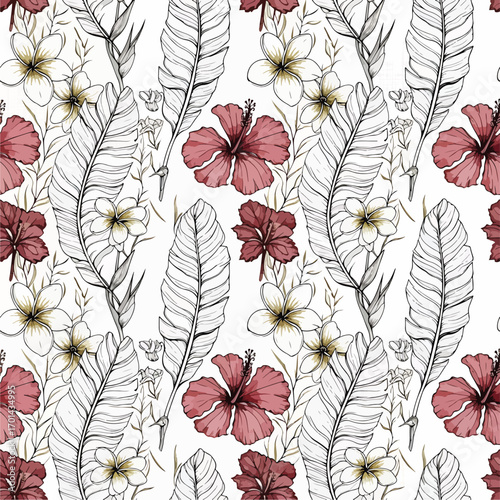 Beautiful tropical seamless pattern with hibiscus flowers, plumeria, and palm leaves on white background, patern seamless, Stock royalty image.