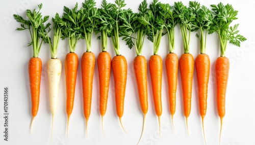 A Unique White Carrot Among a Row of Orange Carrots.