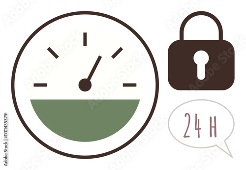 Clock with half-filled green section and arrow, padlock symbol, speech bubble with 24 H. Ideal for time tracking, work-life balance, safety, availability, deadlines, routines simple flat metaphor