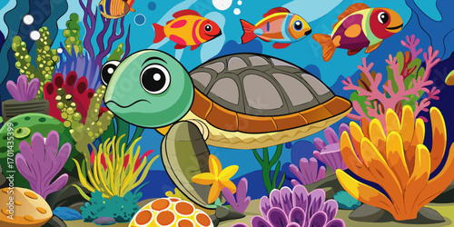 Create a vivid and colorful underwater scene teeming with marine life. Include a graceful sea turtle gliding through clear blue water, a sleek shark swimming nearby, and a variety of tropical fish in 