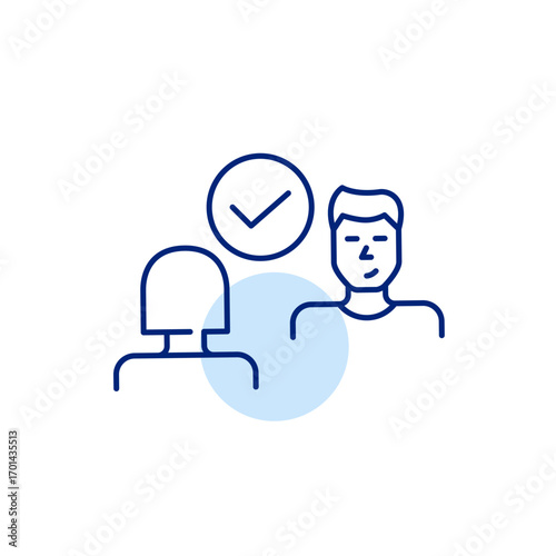Woman and man and checkmark. Collaboration confirmed, trusted agreement. Secure discussion, interview or dating match. Pixel perfect, editable stroke vector icon