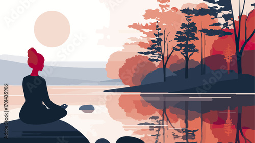 Peaceful woman meditating by lakeside