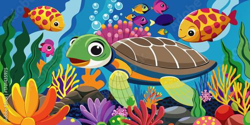 Create a vivid and colorful underwater scene teeming with marine life. Include a graceful sea turtle gliding through clear blue water, a sleek shark swimming nearby, and a variety of tropical fish in 