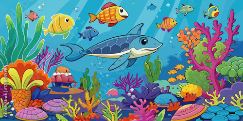 Create a vivid and colorful underwater scene teeming with marine life. Include a graceful sea turtle gliding through clear blue water, a sleek shark swimming nearby, and a variety of tropical fish in 