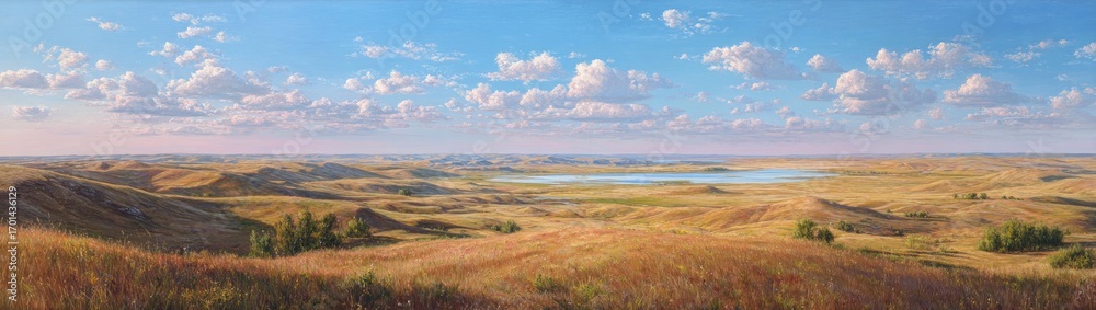 Panoramic view of a golden, grassy landscape with a tranquil lake, soft clouds, and a vibrant sky Panoramic view of a golden, grassy landscape with a tranquil lake, soft clouds, and a vibrant sky