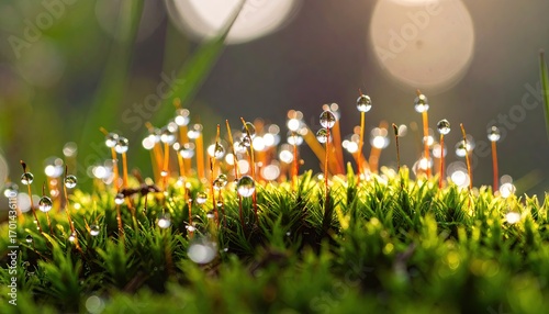 Macro Photography of Dewdrops on Lush Green Moss