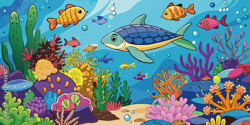 Create a vivid and colorful underwater scene teeming with marine life. Include a graceful sea turtle gliding through clear blue water, a sleek shark swimming nearby, and a variety of tropical fish in 