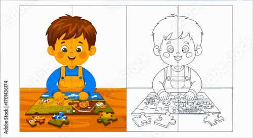 Cute cartoon boy solving a jigsaw puzzle at a wooden table, includes a coloring book outline for kids' educational activities and hobbies