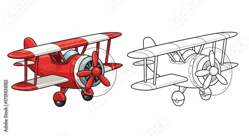 Cute Cartoon Airplane Biplane Kids Coloring Page Simple Vehicle Line Art Drawing