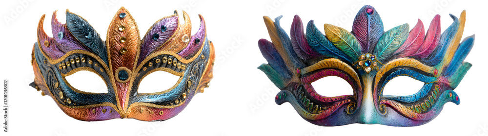 Fototapeta premium colorful carnival masks and masquerade party masks isolated on a transparent png background, white background, cut out