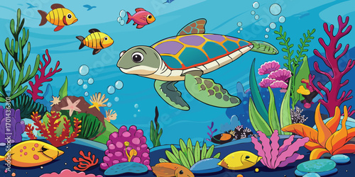 Create a vivid and colorful underwater scene teeming with marine life. Include a graceful sea turtle gliding through clear blue water, a sleek shark swimming nearby, and a variety of tropical fish in 