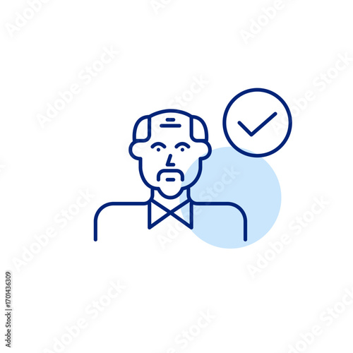 Senior man and checkmark. Verified profile, authentication and health checkup passed. Safe for seniors. Pixel perfect, editable stroke vector icon