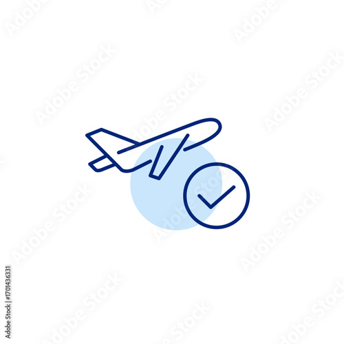 Verified flight safety, trusted airlines. Plane and checkmark. Pixel perfect, editable stroke vector icon