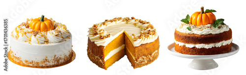 Halloween pumpkin cakes and autumn dessert set isolated on a transparent png background, white background, cut out