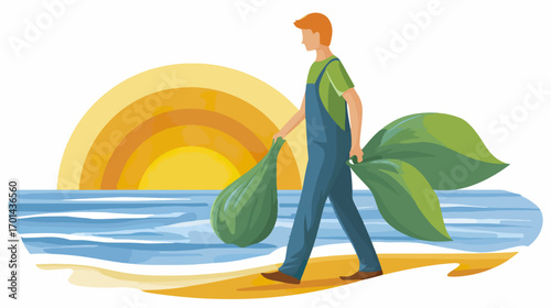 Person collecting trash on beach at sunrise