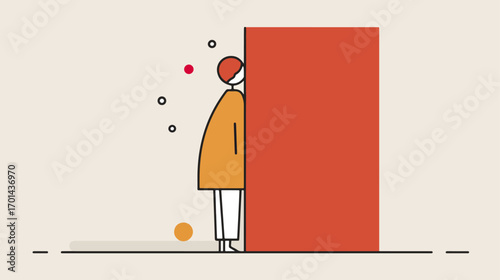 Person hiding behind red wall
