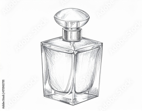 Detailed Sketch of a Glass Perfume Bottle with Stopper on White Background