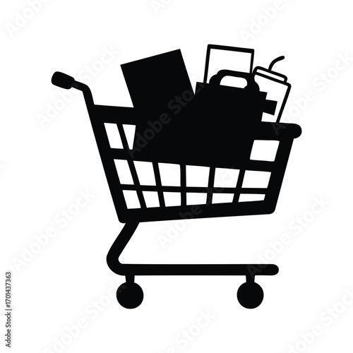Shopping cart overflowing with purchased goods, a symbol of consumerism and retail, shopping cart with electronics silhouette vector illustration
