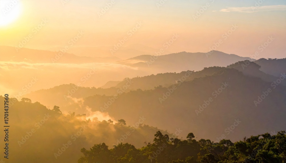 Obraz premium Golden Mountain Range Landscape with Morning Sunlight and Fog in Tropical Setting