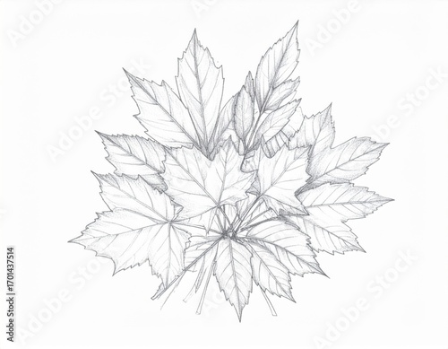 Detailed Monochrome Pen and Ink Drawing of Maple Leaves on White Background