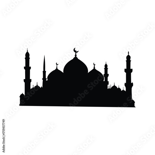 Magnificent Mosque Silhouette Against White Backdrop Illustrating Islamic Architectural Grandeur and Majesty, silhouette of mosque skyline at sunset silhouette vector illustration
