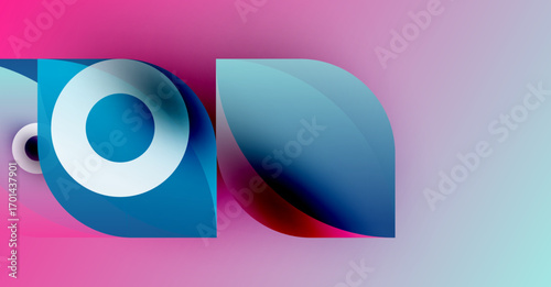 Abstract shapes blend vibrant pinks, blues, reds. Modern design suggests technology, innovation, dynamic movement. Smooth gradients create visual interest.