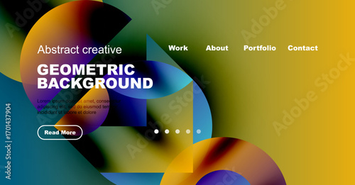 Abstract website header design. Colorful geometric shapes overlap text, navigation links present. Modern aesthetic, vibrant colors dominate composition.