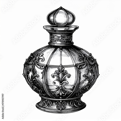 Elaborate Etched Glass Bottle on White Background Classic Decorative Object Black and White Detailed
