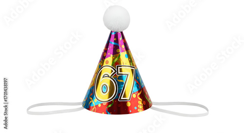 Colorful party hat with the number 67 for a fun celebration isolated PNG with Transparent Background