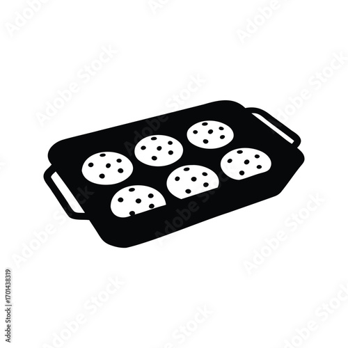 A tray filled with freshly baked chocolate chip cookies icon illustration, baking tray with cookiessilhouette vector illustration